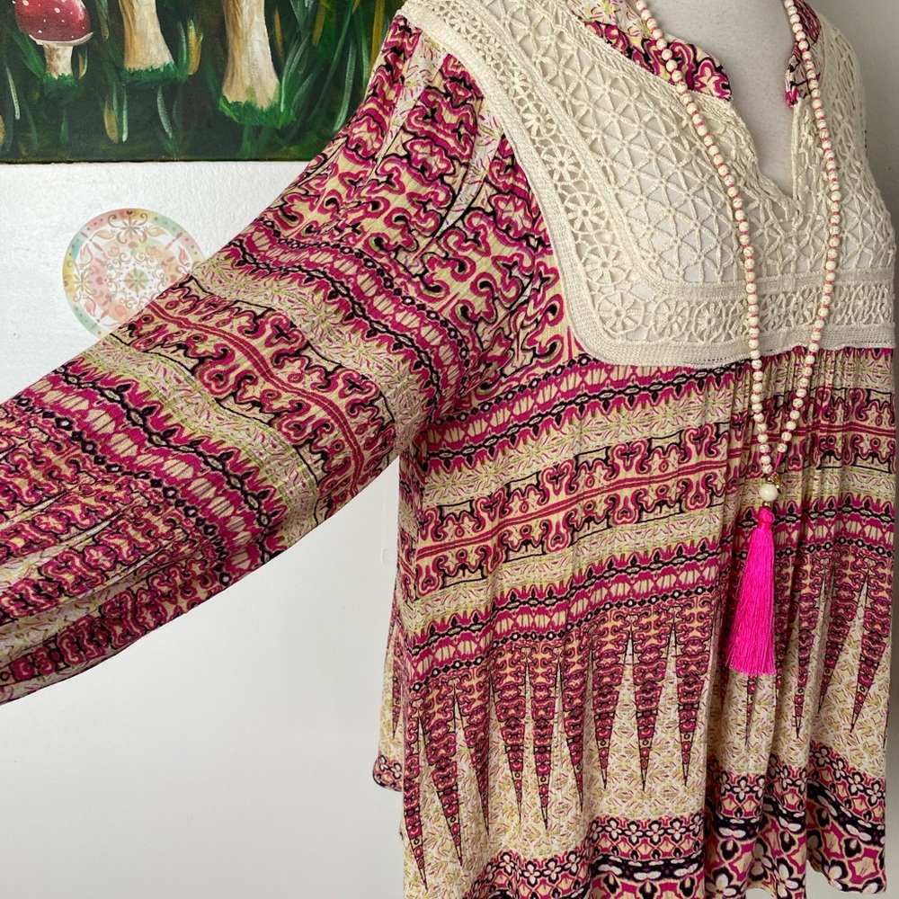 Moon and Sky boho long sleeve v neck crochet lace bib cream print pink top S - Picture 2 of 11